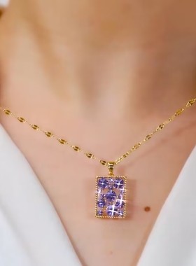 超闪紫色方形无事牌项链时尚网红爆款轻奢气质百搭高端精美项链女