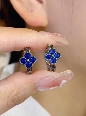简约时尚甜酷风蓝色四叶花耳圈女小众设计感个性气质耳环2024新款