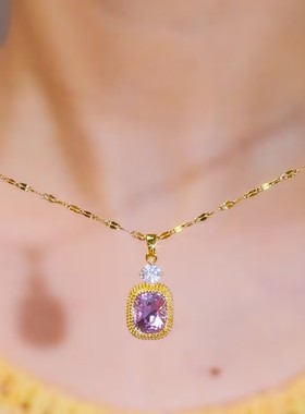 时尚方块紫色水滴榴莲项链女网红爆款轻奢气质高级感精美锁骨链女