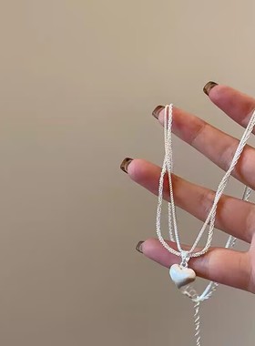 新款银色双层拉丝爱心项链