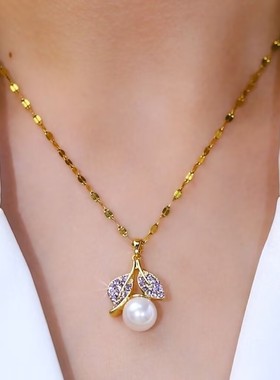 设计感满钻树叶珠珠吊坠项链网红爆款轻奢气质精美锁骨链2024新款