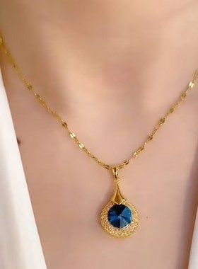 2024新款超闪蓝色水滴项链网红爆款轻奢气质百搭小众设计感项链女