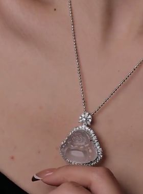 新中式银色冰透弥勒佛吊坠项链