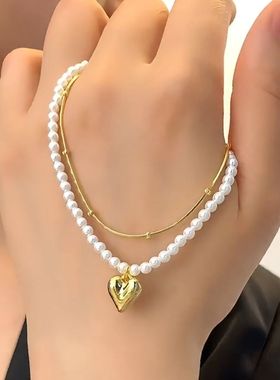 高级感双层爱心珍珠项链女网红爆款轻奢小众设计感叠戴项链女