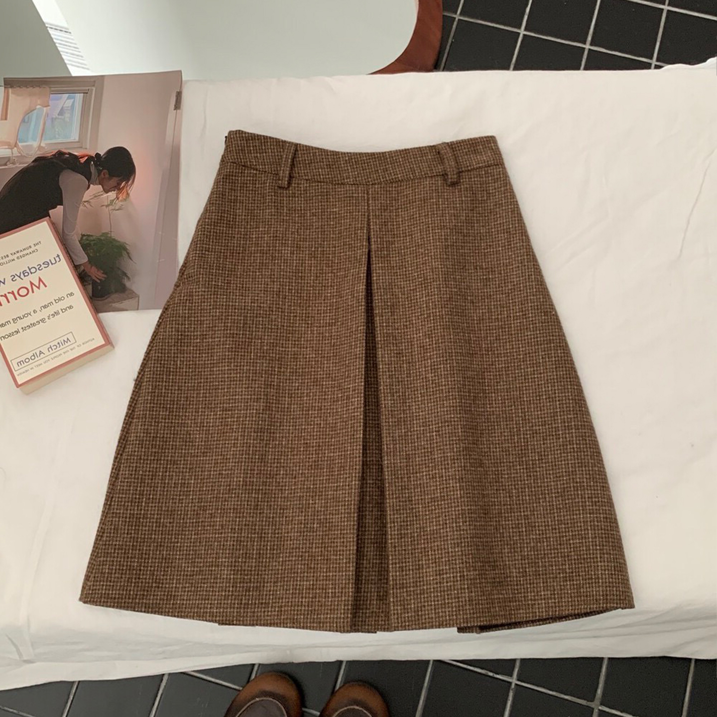 复古学院感百褶毛呢半身裙大码咖格纹中裙女两面穿文艺高腰a字裙