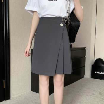 Fat mm pleated skirt grey mid-skirt summer hip thigh thick A-line skirt large size slim suit students skirt