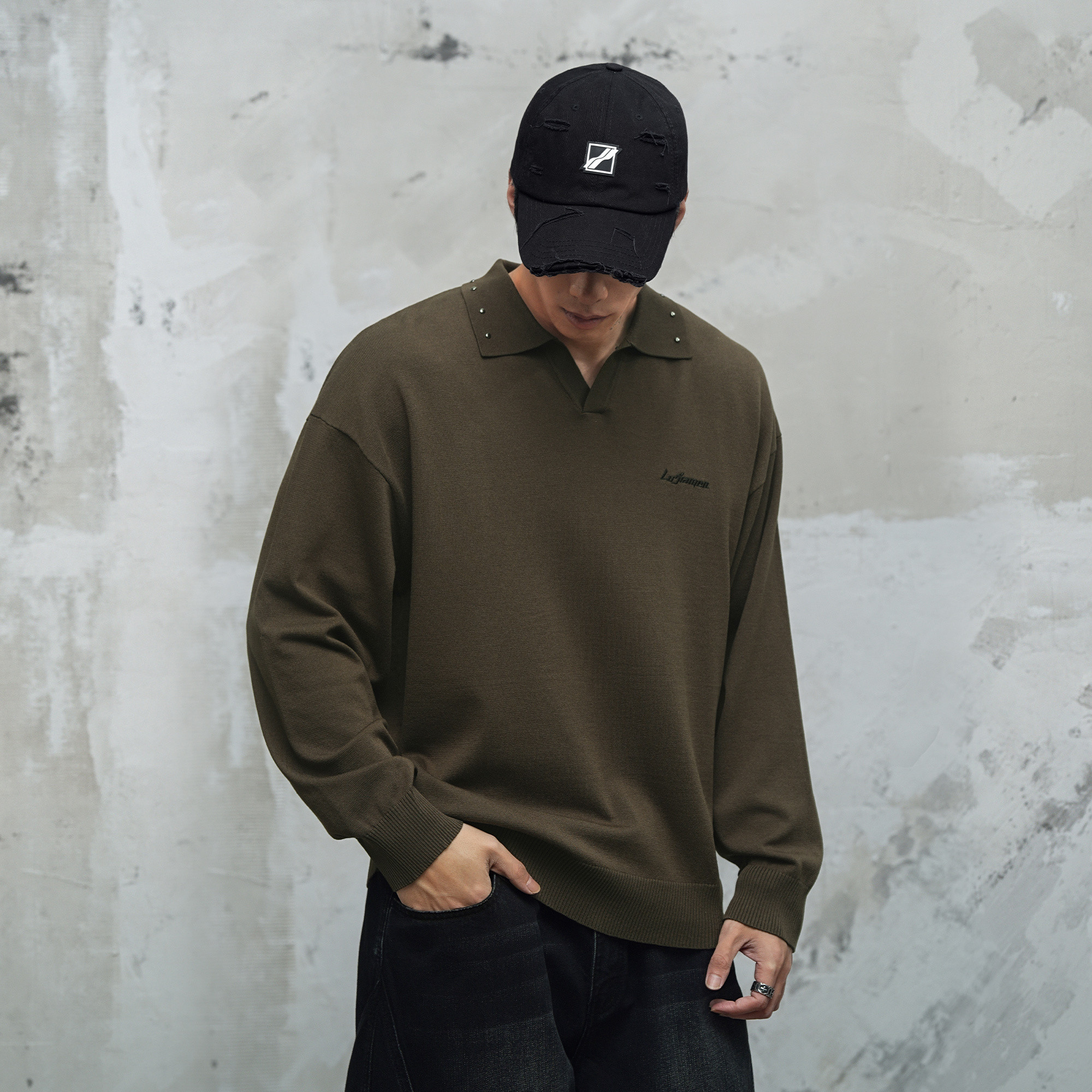 鹿家门宽松大码长袖POLO衫男清爽透气毛织打底衫运动健身长袖T恤,淘宝优惠券,粉丝福利购,淘宝优惠卷