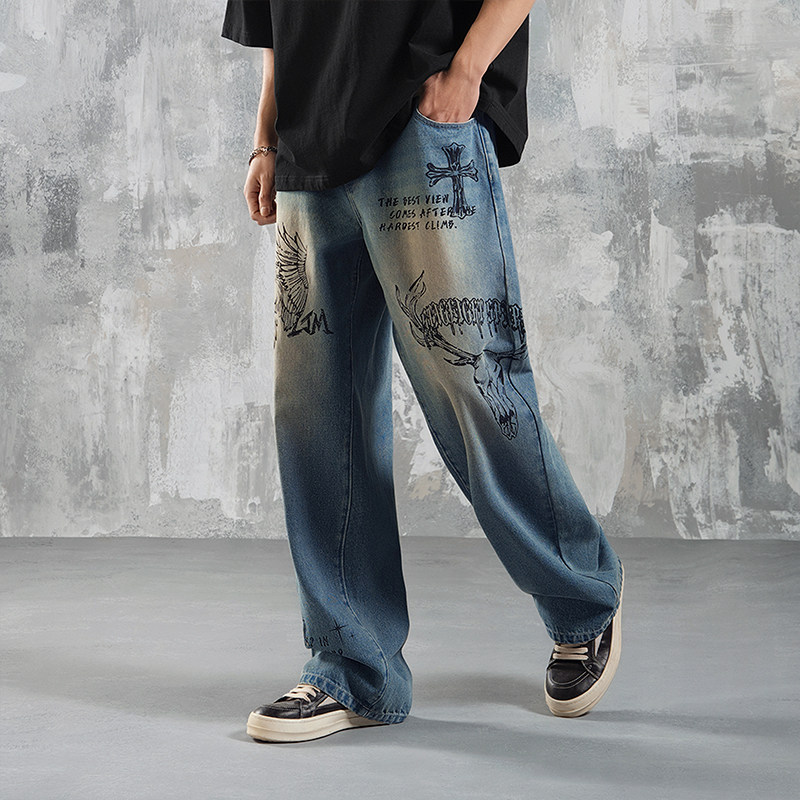 鹿家门新款原创印花水洗做旧牛仔裤休闲宽松大码男士运动长裤健身,淘宝优惠券,粉丝福利购,淘宝优惠卷