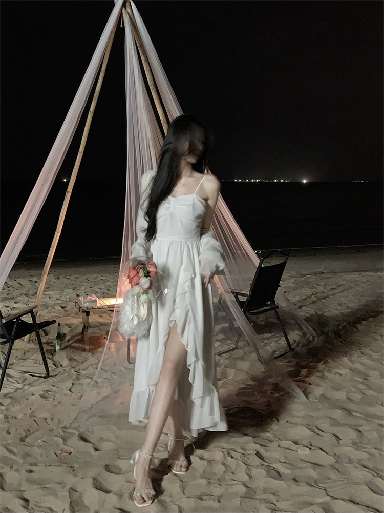 【限时5折】《仲夏夜》夏季连衣裙性感女开叉白色长款吊带裙-图0