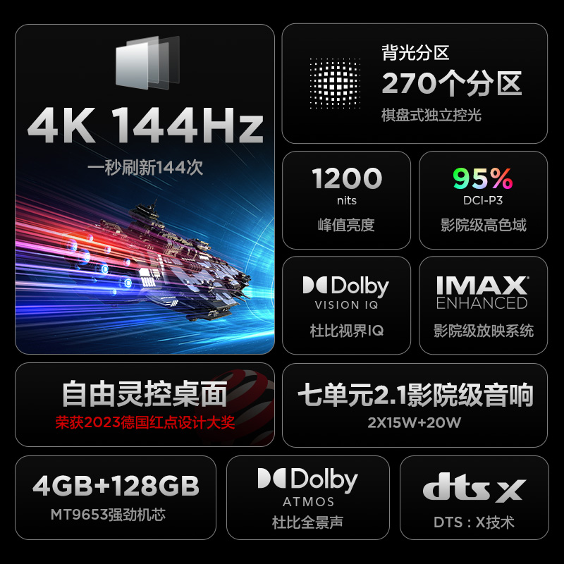 雷鸟 100MAX 100英寸影音巨幕144Hz高刷4+128G高色域远场语音电视 - 图0