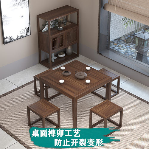 新中式实木方桌餐桌椅组合老榆木八仙桌棋牌四方茶桌正方形吃饭桌 - 图2