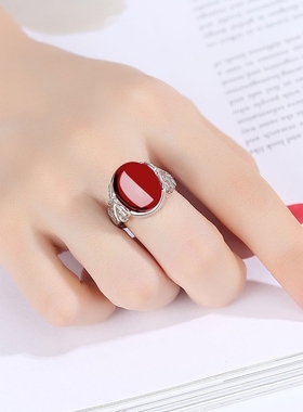 925银高级感轻奢时尚复古简约光圈指环仿红玛瑙戒指女食指戒
