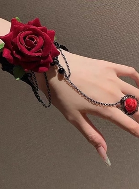 朋克风蕾丝手腕复古哥特配饰手链lolita手饰手套万圣节玫瑰花红色