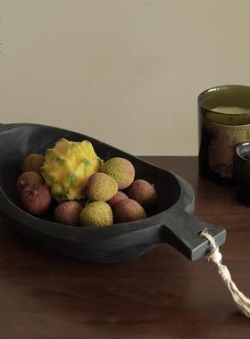 栗石侘寂中古实木托盘黑色果盘摆件客厅餐厅桌面高级感艺术高足盘