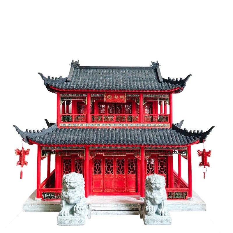 国风木制手工拼装古建筑DIY模型烟雨楼工艺品摆件榫卯积木玩具