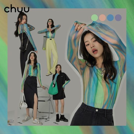 2022 new summer mesh bottoming shirt for women with long-sleeved lace layering thin tie-dye versatile T-shirt top