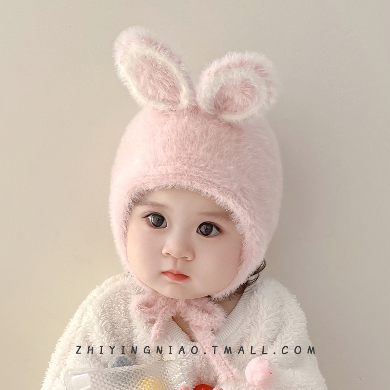 婴儿帽子秋冬款毛绒帽女童秋冬季女宝宝兔耳朵冬季可爱超萌护耳帽