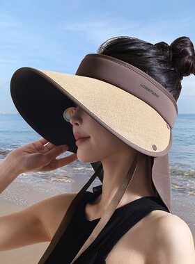空顶防晒帽女夏防紫外线超大帽檐遮阳帽护颈冰丝披肩遮脸太阳调节