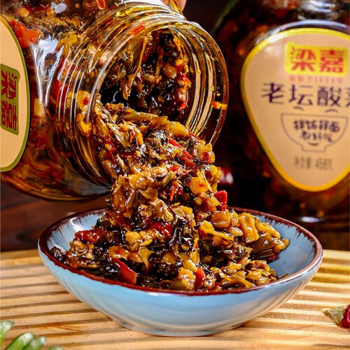 湖南特产458g梁嘉老坛酸菜茶油外婆菜湖南正宗下饭菜瓶装咸菜罐 - 图0