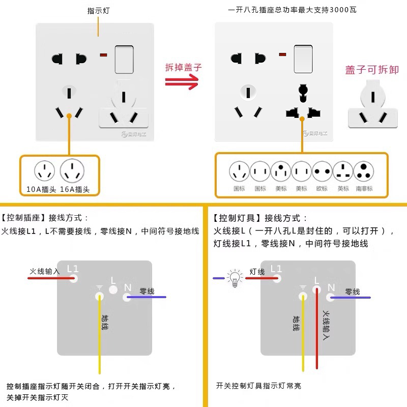 86型暗装多功能一开八孔5孔六孔十孔二三三带开关插座面板8孔多孔