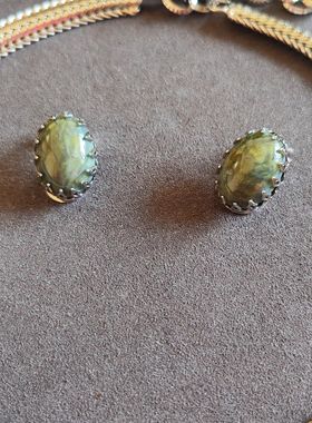 Vintage  Schreiner特殊石绿色琉璃项链手链耳夹大套装