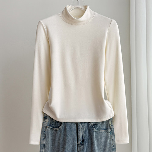 2025秋冬新款双面德绒半高领打底衫女内搭长袖加绒保暖洋气上衣 - 图1