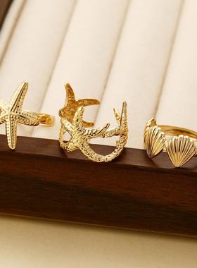 3-piece ring set跨境欧美新款沙滩风休闲 海星贝壳开 口戒指3件