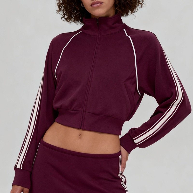 Tennis girl 运动风酒红色拉链外套女短款条纹装饰网球服运动套装,淘宝优惠券,粉丝福利购,淘宝优惠卷