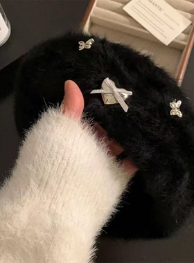 毛绒贝雷帽日系可爱蝴蝶结兔毛毛绒贝雷帽子女秋冬季千金甜美百搭