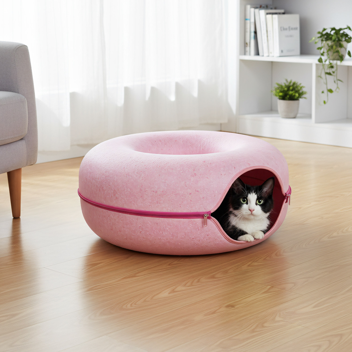 Roshin粉色猫窝毛毡猫咪隧道猫玩具甜甜圈猫窝德文猫甜甜圈猫窝,淘宝优惠券,粉丝福利购,淘宝优惠卷