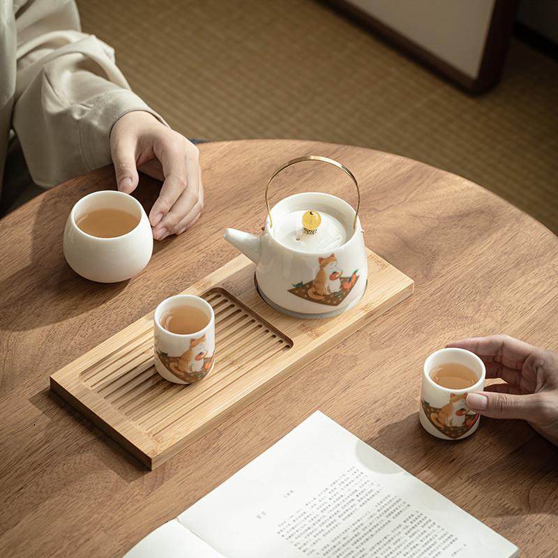 羊脂玉瓷功夫茶具提梁壶可爱橘猫茶壶茶杯一壶两杯三杯干泡小套组,淘宝优惠券,粉丝福利购,淘宝优惠卷
