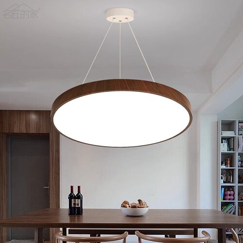 餐厅吊灯中古风胡桃木色圆形简约现代卧室新中式led客厅复古灯具 - 图2