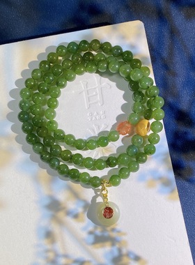 天然和田玉碧玉圆珠多圈手链