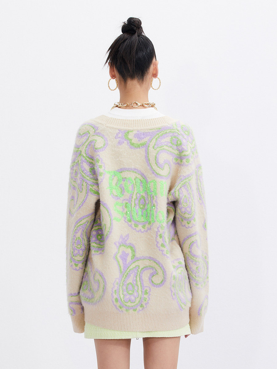 REVAN芮范春秋长袖撞色毛衣针织开衫