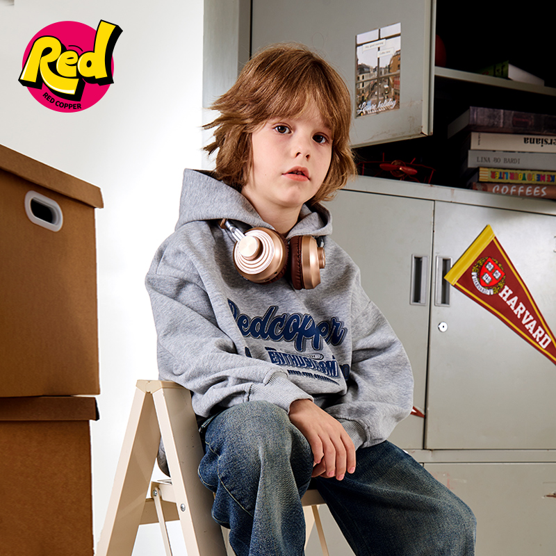 redcopper童装男童2024新款秋冬季上衣儿童美式字母印花连帽卫衣