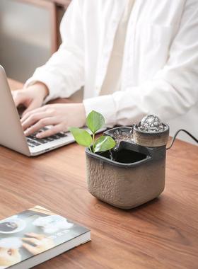 永动循环流水生财小鱼缸山水盆景摆件办公室桌面旋转水晶球风水轮