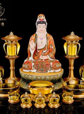 水晶佛具套装纯铜供佛用品家用全套敬神佛前香炉供水杯供盘供佛灯