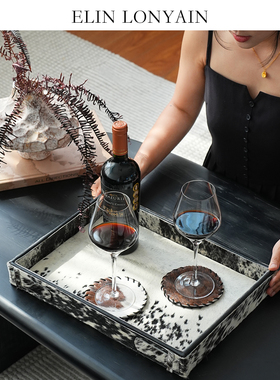 法式中古轻奢装饰真皮马毛托盘