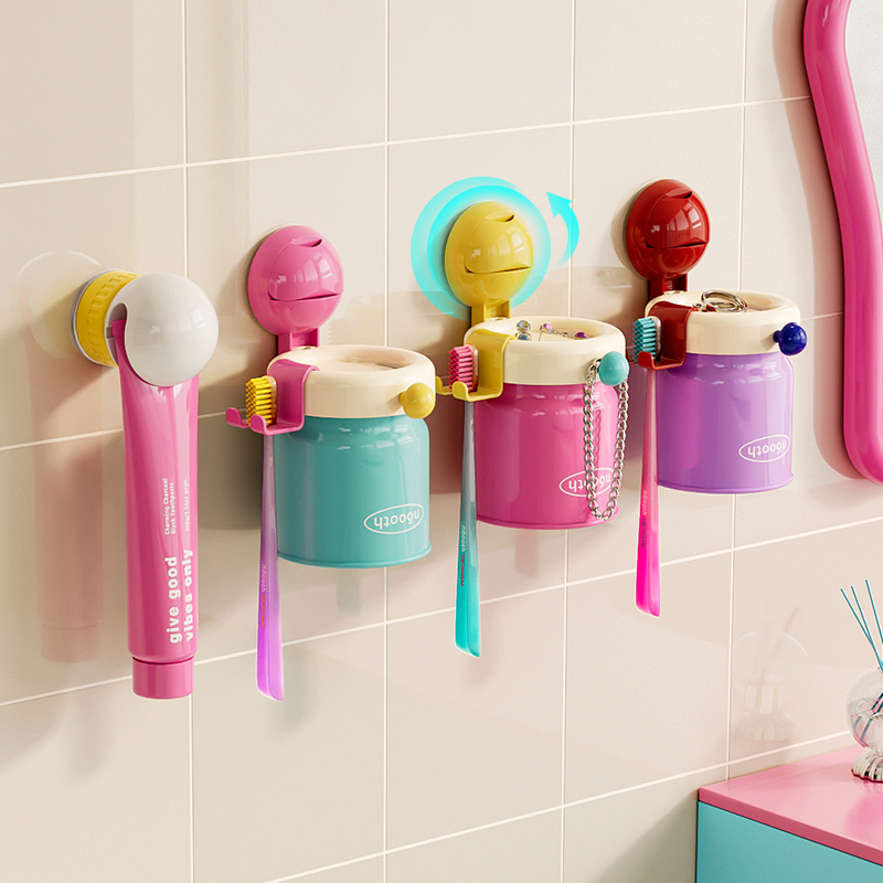 吸盘牙刷置物架漱口杯套装卫生间家用挂壁式免打孔磁吸洗漱杯杯架 - 图3