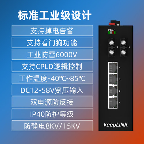 keepLINK友联百兆2光4电工业交换机 工业单模/多模/单纤/双纤光纤光电转换器 KP-9000-65-2FX4TX-SC/SFP接口 - 图1