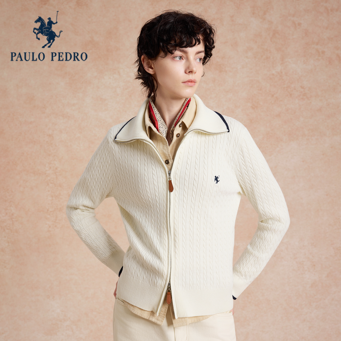 保罗彼得2025秋冬新款女针织衫翻领保暖短外套开衫毛衣JAECZ00030 - 图0