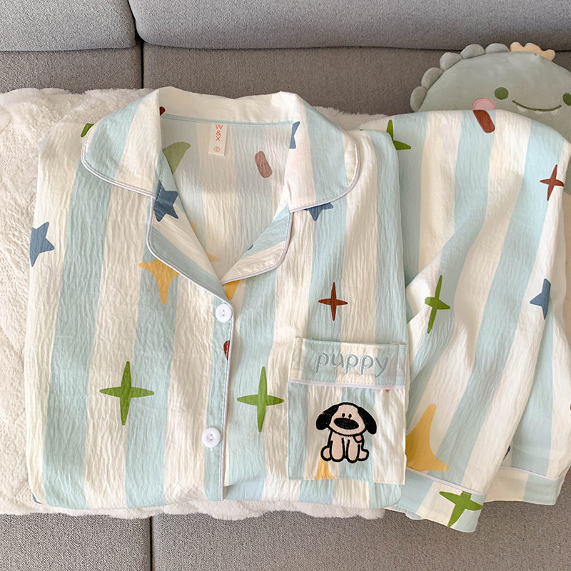 云朵棉蓝条纹大鼻狗睡衣女春秋季长袖长裤套装卡通甜美可爱家居服,淘宝优惠券,粉丝福利购,淘宝优惠卷