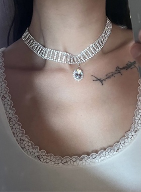 氛围水滴！闪亮吊坠颈链时尚轻奢镂空水钻锁骨项链choker个性女