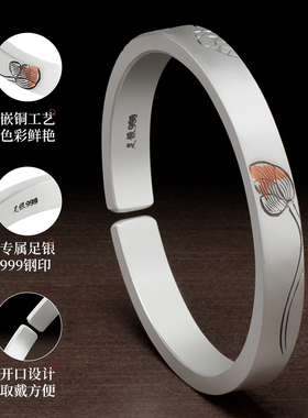 芙蓉方镯足银999手工银手镯学生开口时尚简约民族玫瑰花手环女款