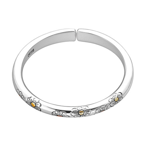 雏菊花银手镯女足银999纯银民族风手工錾刻嵌铜亮面开口银镯子 - 图3