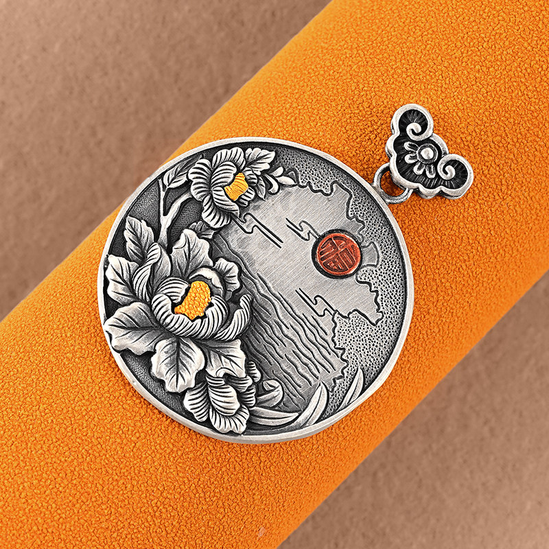 银千造 福照吉祥足银999实心手工非遗镶金牡丹花纯银吊坠女毛衣坠,淘宝优惠券,粉丝福利购,淘宝优惠卷