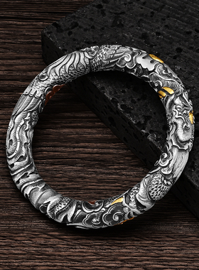 祥龙瑞凤足银999纯银手镯纯手工錾刻嵌铜高工工艺传统民族风手镯