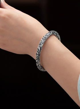 国色天香足银999银手镯女纯银手工复古牡丹手环开口圆棍镯银手环