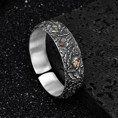 牡丹芳菲足银999手镯女民族风复古金银错纯手工錾刻银手镯送母亲 - 图2