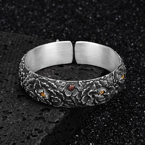 牡丹芳菲足银999手镯女民族风复古金银错纯手工錾刻银手镯送母亲 - 图0